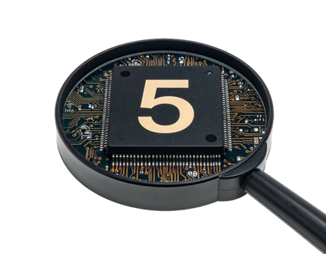 A magnifying glass reveals a CPU chip, displaying the number five on top. Isolated on black - Powered by Adobe