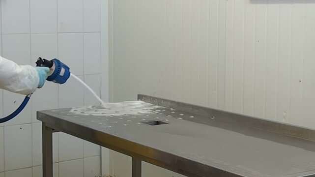 A person in protective gear sprays a stainless steel table with a cleaning solution. The liquid covers the surface, creating suds and foam. The action occurs in a white-tiled room.