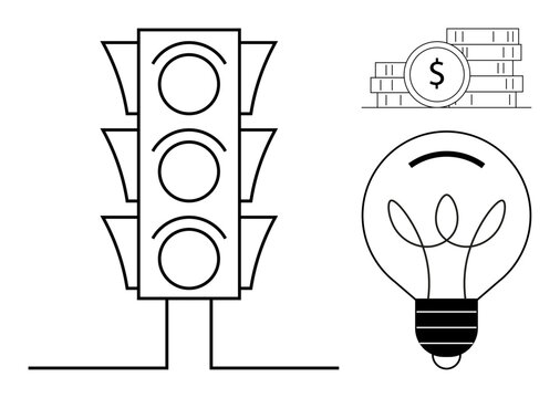 Traffic light for control and decision, light bulb for creativity and ideas, money stacks for finance and wealth. Ideal for decision-making, innovation, finance, control, savings, planning