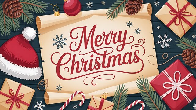 Festive merry christmas greeting with gifts and santa hat on a rustic wooden background - Powered by Adobe