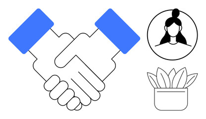 Professional handshake emphasizing collaboration, profile portrait symbolizing individual connection, and potted plant representing growth. Ideal for teamwork, business deals, networking