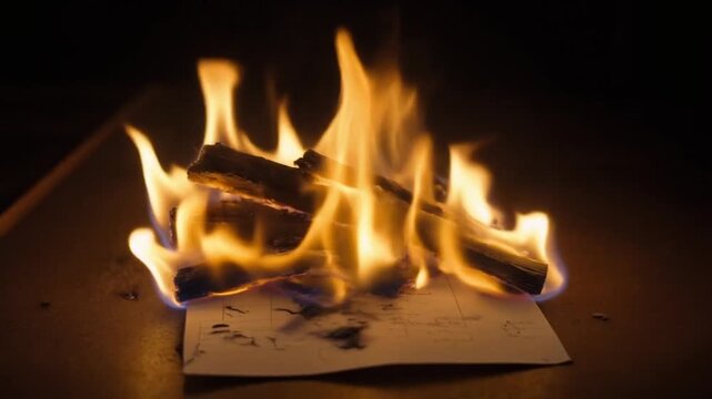 Burning Paper Flames Engulfing a Sheet, Symbolic of Destruction and Loss
