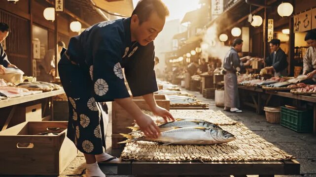 Japanese man in traditional yukata examining fresh fish at a bustling retro street market in Japan with other sellers, footage.