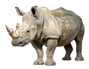 Obraz premium A majestic rhino, grey with rough skin, stands proudly on a black background. Its horn is prominent, ears perked up