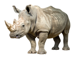 A majestic rhino, grey with rough skin, stands proudly on a black background. Its horn is prominent, ears perked up