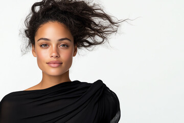 A confident woman with curly hair poses elegantly against a plain background, exuding grace and natural beauty.