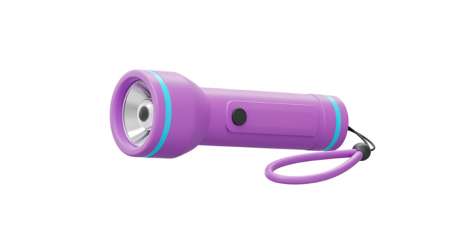 A vibrant purple flashlight with a wrist strap on transparent background