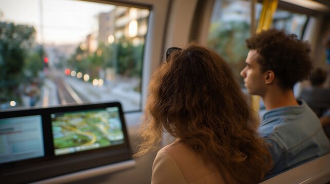 Passengers inside a high-tech train watching digital route projections as snow falls outside, representing comfort, eco-friendly design, and the evolution of smart mobility in winter. cinematic - Powered by Adobe
