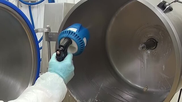 Worker in protective gear meticulously cleans interior of large stainless steel tank with high-pressure sprayer. Water washes away residue ensuring hygiene and sanitation at industrial facility.