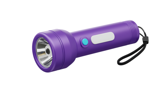 A vibrant purple flashlight with a reflective lens on transparent background - Powered by Adobe