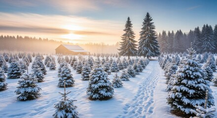 Christmas tree farm covered in snow on a winter morning