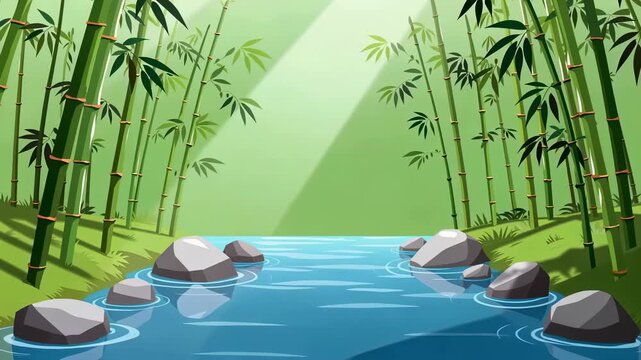 Animated Serene Bamboo Forest with a Flowing River and Sunbeams.