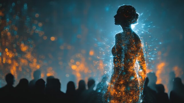 A silhouette of a woman surrounded by a cosmic glow, with an audience in the background, creating a mystical and ethereal atmosphere.