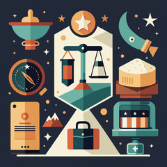 A flat design collage of symbols representing justice technology travel and healthcare isolated on white background isolated on transparent background silhouette