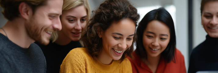Obraz premium A diverse group of five friends joyfully engages with each other, sharing smiles and laughter as they enjoy a moment together, showcasing the beauty of friendship and connection.