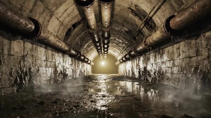 Dark and wet sewer tunnel with light. Creepy underground drainage system with rusty pipes. Horror environment concept footage. - Powered by Adobe