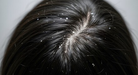 Dandruff on dark hair, scalp condition, flakes, unhealthy hair, hair care concept.