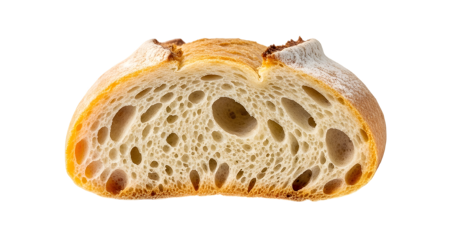 Slice of artisan sourdough bread with open crumb texture isolated on transparent background