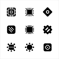 Set of nine black square icons featuring various microchip and processor designs, representing technology and computing
