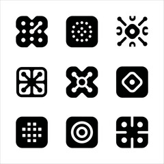 Collection of nine black square icons with abstract geometric patterns and dotted designs, symbolizing connection and structure