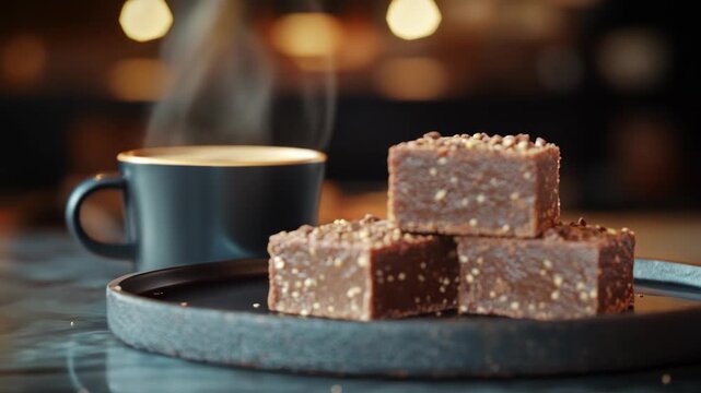 Stack of fudge squares with coffee