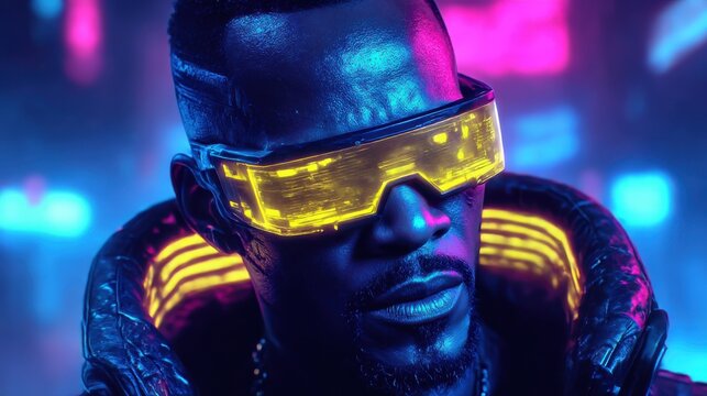 A cyberpunk portrait of a man wearing glowing glasses and a neon atmosphere. Futurism, style, technology.