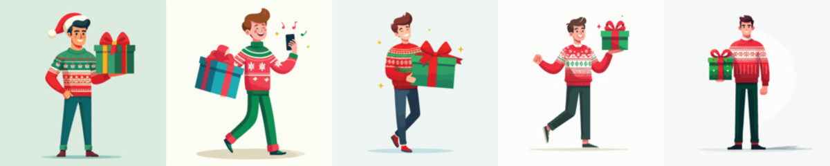vector full body of a man carrying a Christmas gift