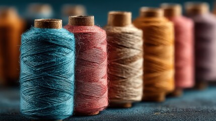 Colorful spools of thread arranged in a row, showcasing various shades and textures, perfect for sewing and crafting enthusiasts.