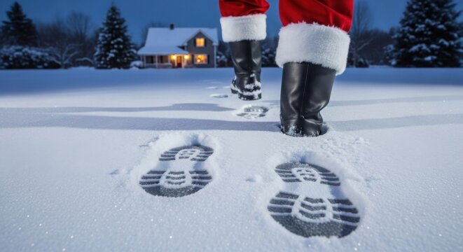 Santa Claus boots and footprints in snow leading to a house at night
