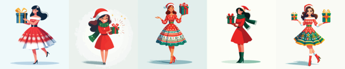 vector full body of a woman carrying a Christmas gift