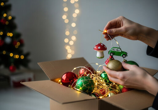 Hands taking Christmas ornaments out of a cardboard box for home decoration