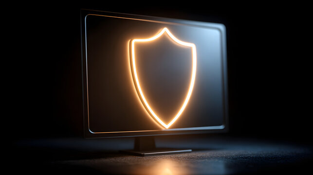 Digital shield icon representing cybersecurity protection on computer screen.