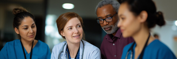 A diverse medical team engages in a collaborative discussion, sharing insights and knowledge, representing unity and teamwork in the medical profession and patient care.