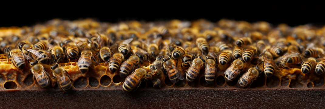 Explore the fascinating world of honeybees as they work diligently on a honeycomb frame, showcasing the intricate community and essential role of bees in nature. - Powered by Adobe