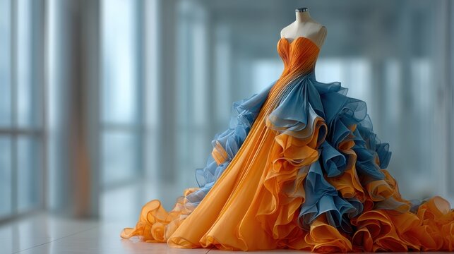 A stunning gown with orange and blue ruffles, elegantly displayed on a mannequin in a bright, modern setting.
