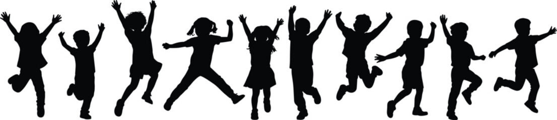 Joyful children silhouette, kids jumping, playful youth, happy childhood, energetic movement, black figures, white background, fun pose, group activity, carefree moment, excitement, celebration**
