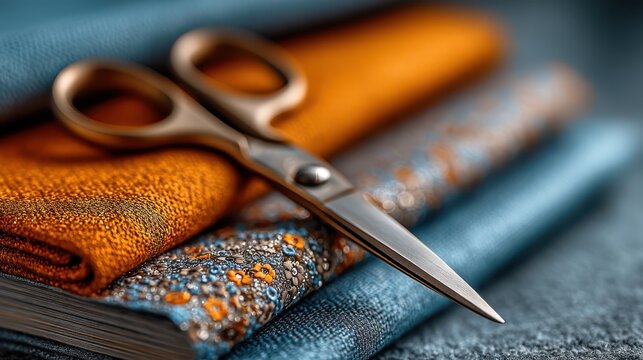 A pair of scissors rests on vibrant fabric swatches, showcasing a blend of colors and patterns, ideal for sewing or crafting projects. - Powered by Adobe