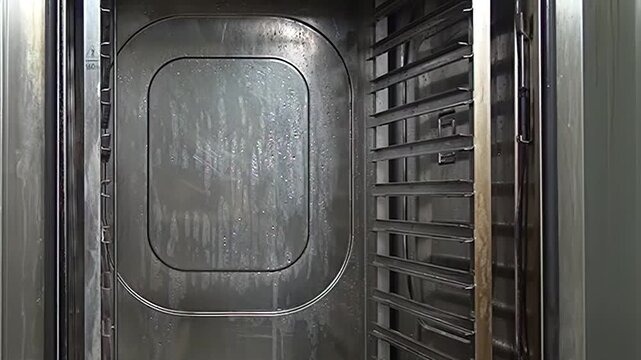 A worker wearing protective clothing sprays the inside of a large, empty, stainless steel industrial oven with a cleaning wand during the afternoon in an industrial kitchen.