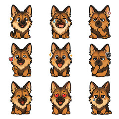 Fototapeta premium A set of cute anime dogs illustrations doing different activities with different expressions.Stickers or badges. German Shepherd