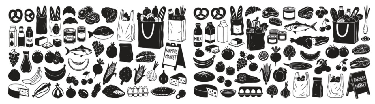 Collection of black silhouette illustrations featuring grocery items, food, and beverages. Perfect for menus, recipe cards, packaging design, web icons, infographics, and creative branding projects