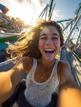 Woman screaming while riding roller coaster. 