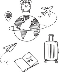 Travel Time Around World Planning Flight Luggage Passport, Holiday Vacation Trip, Drawing Doodle