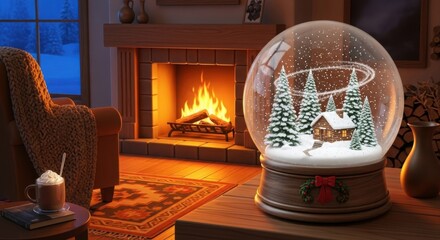 Snow globe with winter scene, fireplace, and cozy home interior
