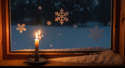 Candlelight illuminating winter window with snowflake decals