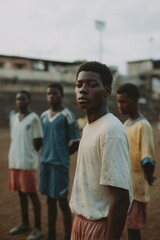 A group of young African soccer players on the soccer field.