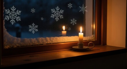 Candle light on windowsill decorated with snow and snowflakes, winter holiday season