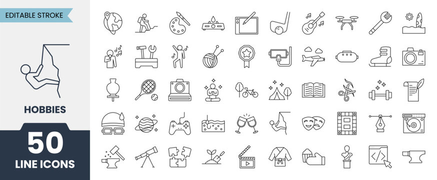 Hobbies line icons set with editable stroke. Containing photography, sports, traveling, yoga, dancing, cooking, painting and more. Vector illustration