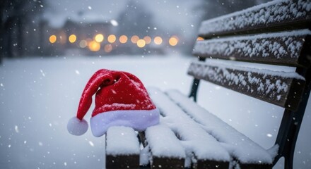 Santa hat on a snow covered bench in winter park