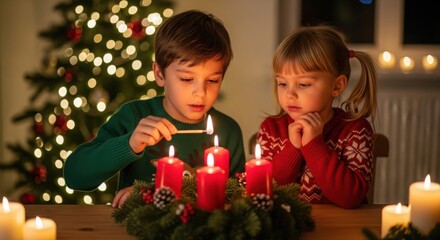 Children lighting Advent wreath candles for Christmas