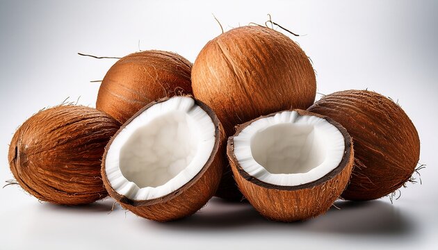 pile of fresh coconuts some halved isolated on white background showcasing their brown shells and white flesh a tropical and healthy food